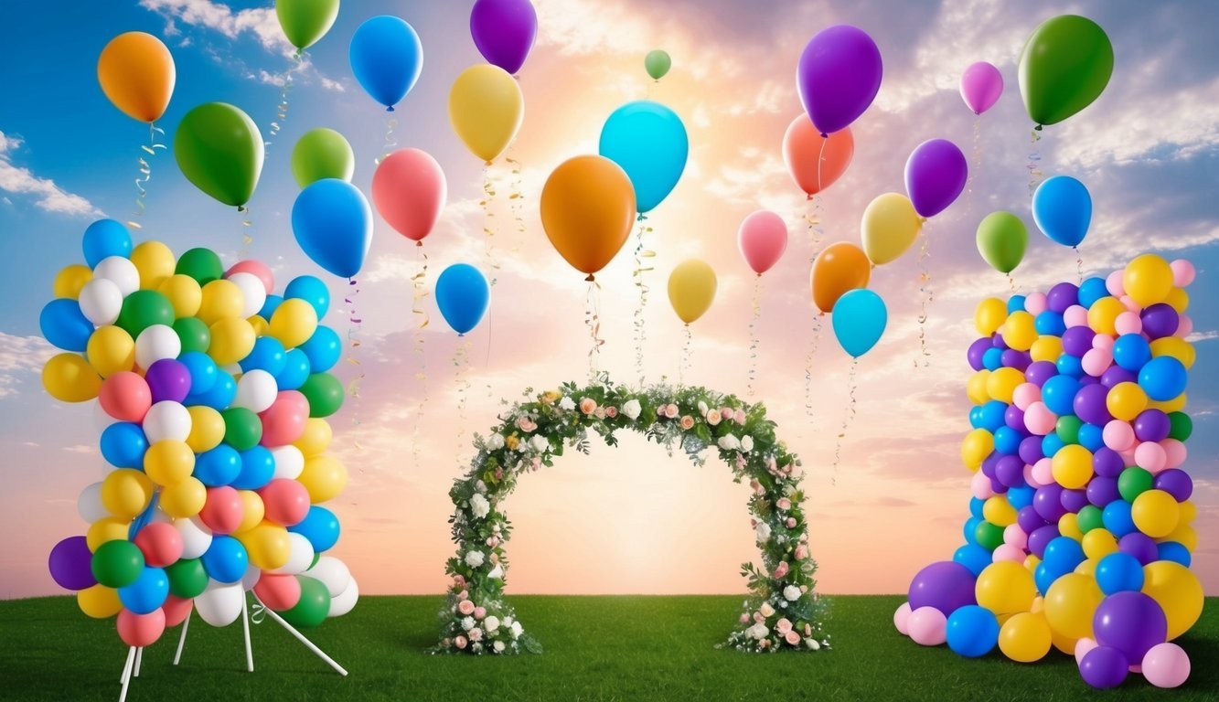 Colorful balloons released into the sky, creating a festive and joyful atmosphere.</p><p>A wedding arch adorned with balloons and a balloon-filled photo backdrop add to the celebratory decor