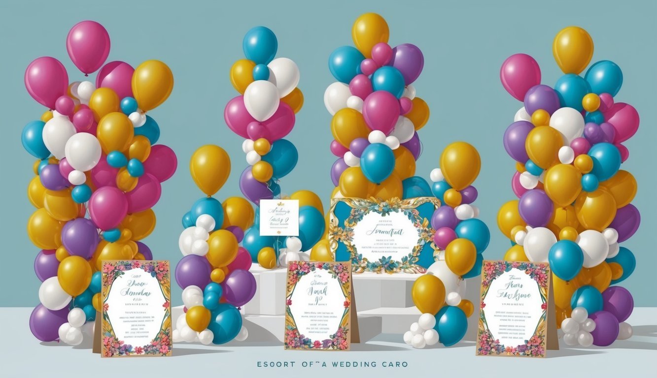 A whimsical display of balloons arranged in various creative ways, serving as escort cards for a wedding