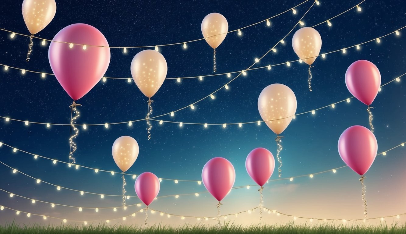 Balloons adorned with string lights float against a starry night sky, creating a romantic and whimsical atmosphere for a wedding celebration