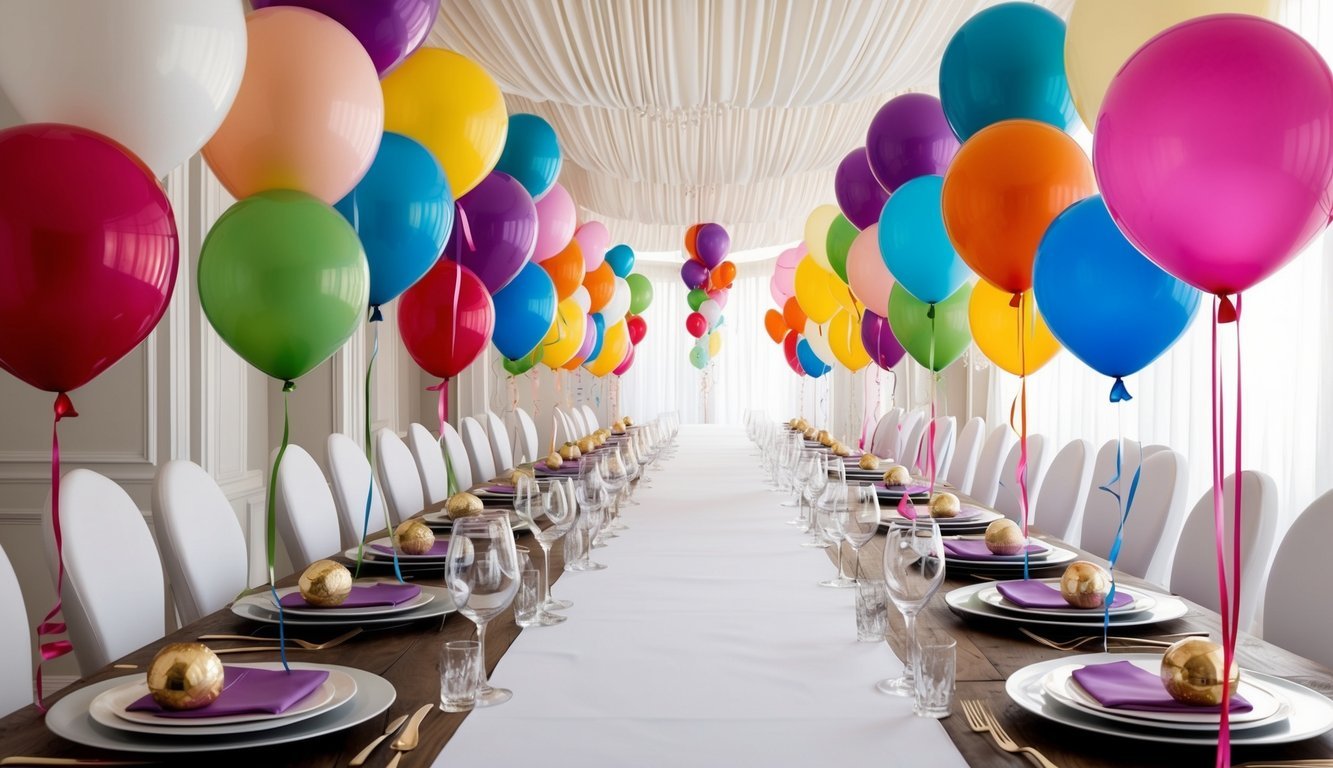 A long table with balloon runners in various colors and sizes, creating a whimsical and festive atmosphere for a wedding celebration