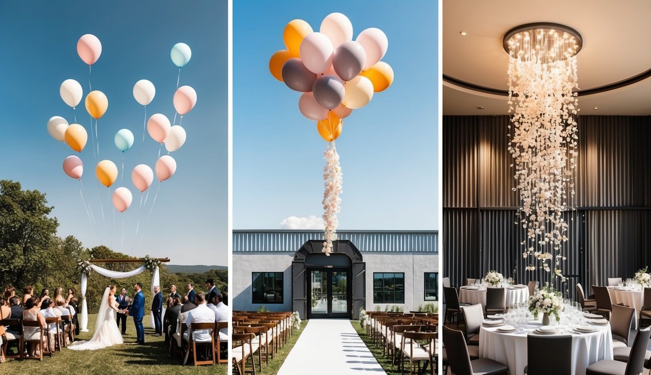 Balloons floating above a rustic outdoor wedding ceremony, adorning the entrance of a modern industrial venue, and cascading down from the ceiling of an elegant ballroom reception