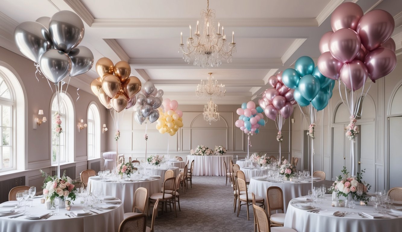 A wedding venue adorned with a variety of balloons in different colors and styles, such as elegant metallic hues and whimsical pastels, creating a festive and romantic atmosphere