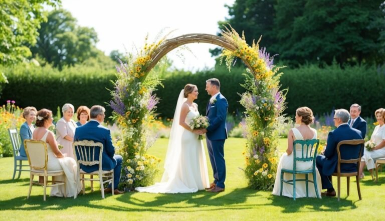 Bride and groom at outdoor wedding ceremony under floral arch