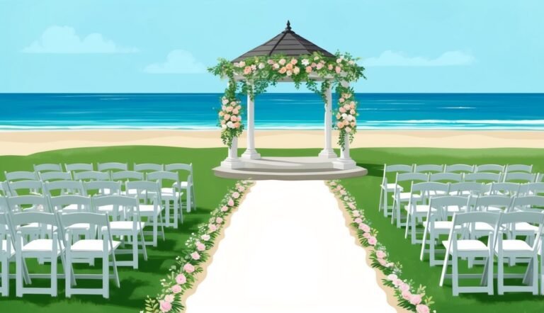 Wedding ceremony setup on a beach with gazebo and white chairs
