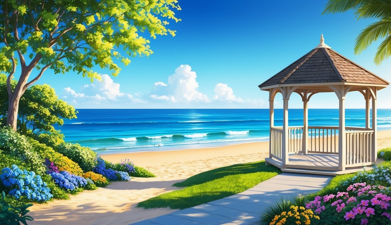 A picturesque beach with a gazebo overlooking the ocean, surrounded by lush greenery and colorful flowers, with a clear blue sky and gentle waves