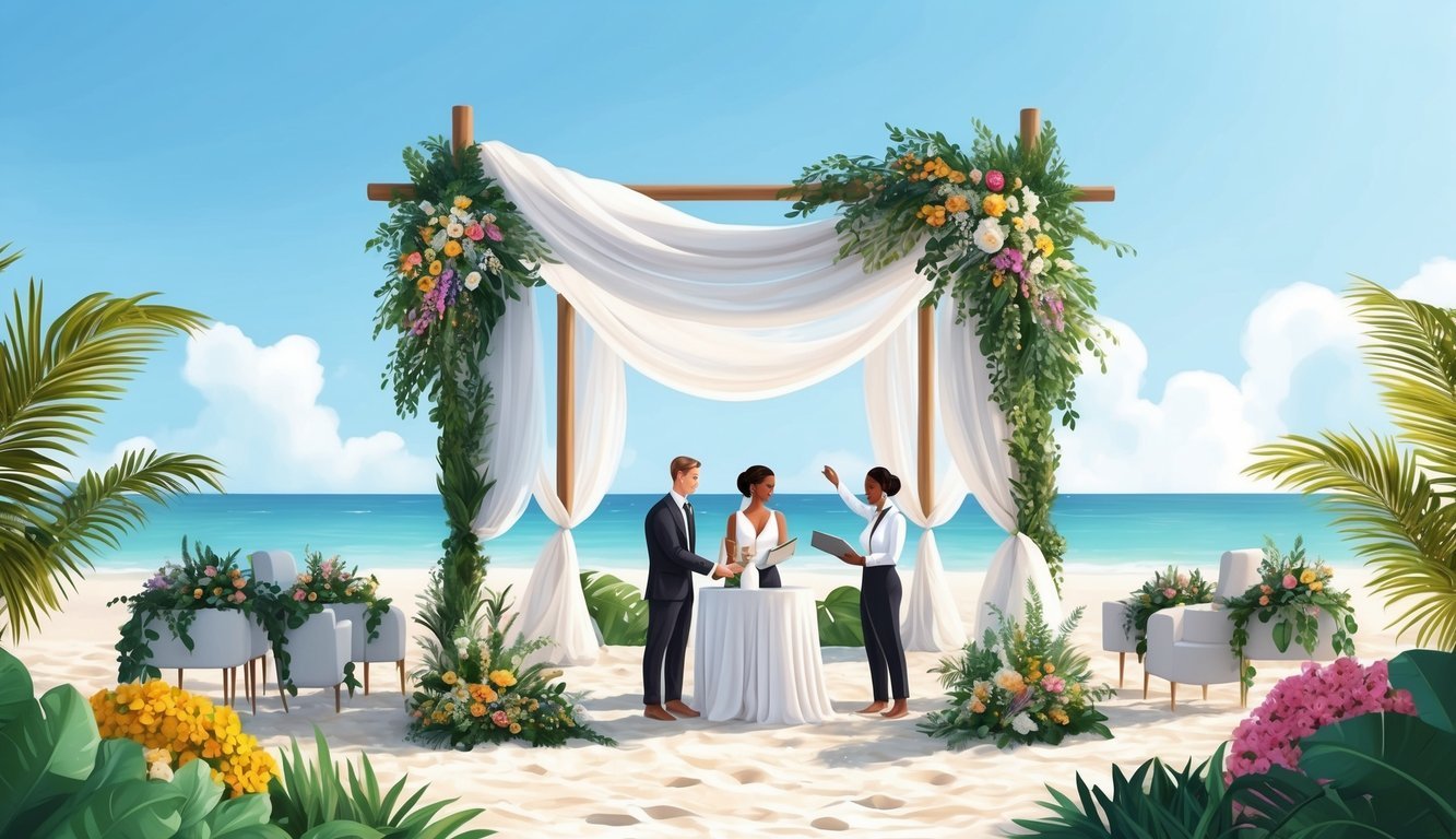 A serene beach setting with a flowing white canopy, surrounded by lush greenery and colorful flowers.</p><p>A wedding planner is seen coordinating with vendors and setting up for a destination ceremony