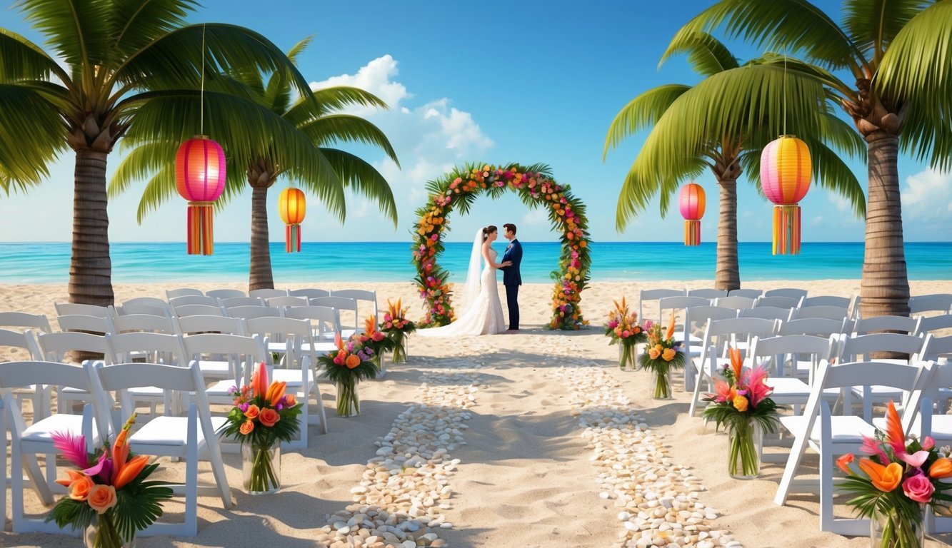 A beachfront ceremony with seashell-lined aisles, tropical floral arches, and colorful lanterns hanging from palm trees