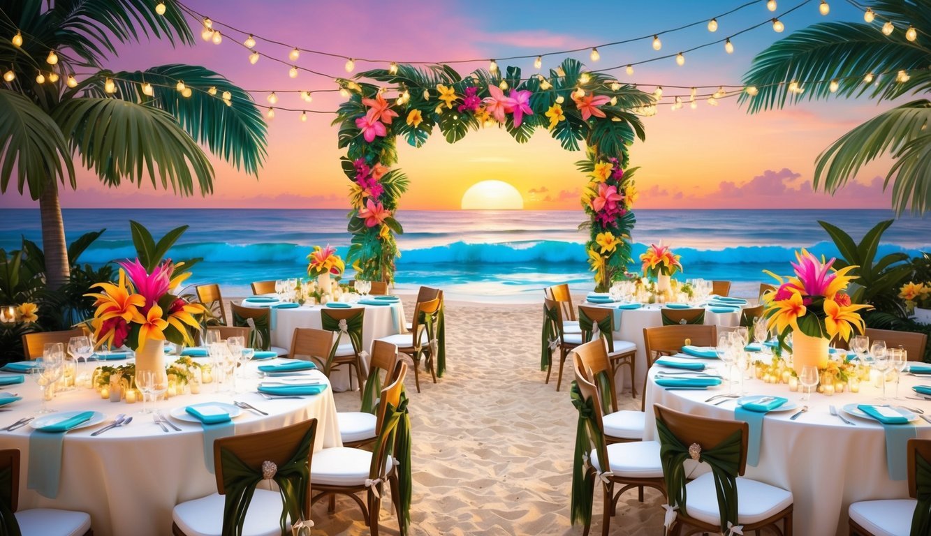 A beachside reception with colorful decorations, tropical flowers, and a stunning sunset backdrop.</p><p>Tables adorned with elegant centerpieces and twinkling fairy lights create a warm and inviting atmosphere for guests