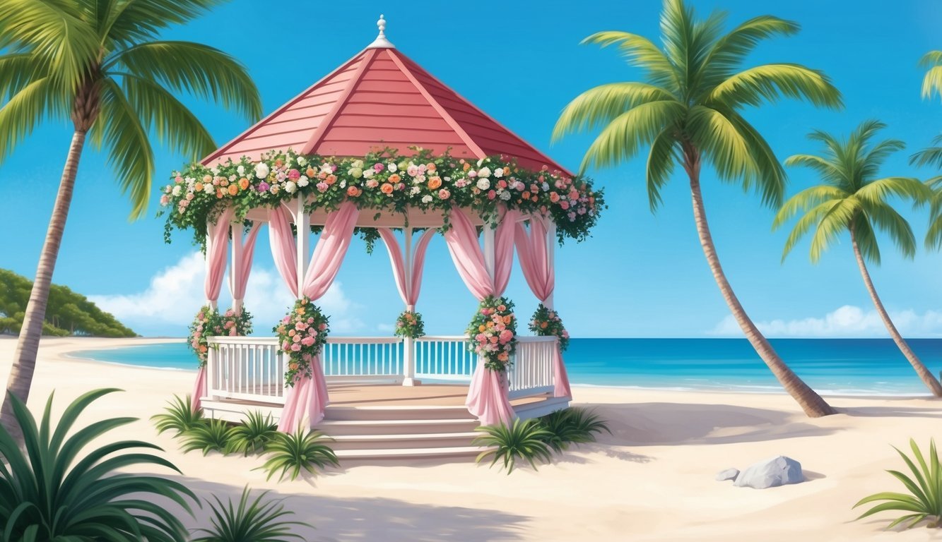 A serene beach setting with a beautiful gazebo adorned with flowers and drapery, surrounded by palm trees and a clear blue sky