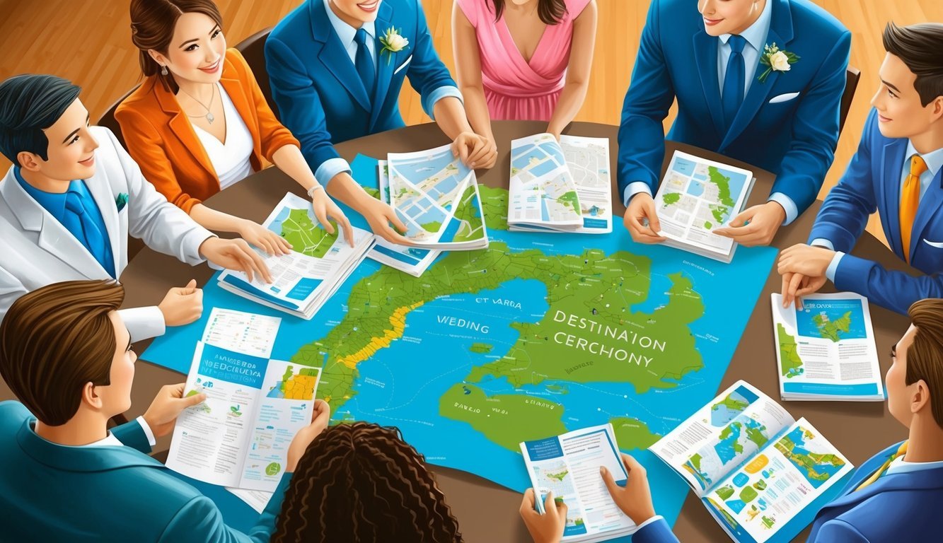 A group of people gather around a table, discussing travel plans and wedding details.</p><p>Brochures and maps are spread out as they organize the destination wedding ceremony