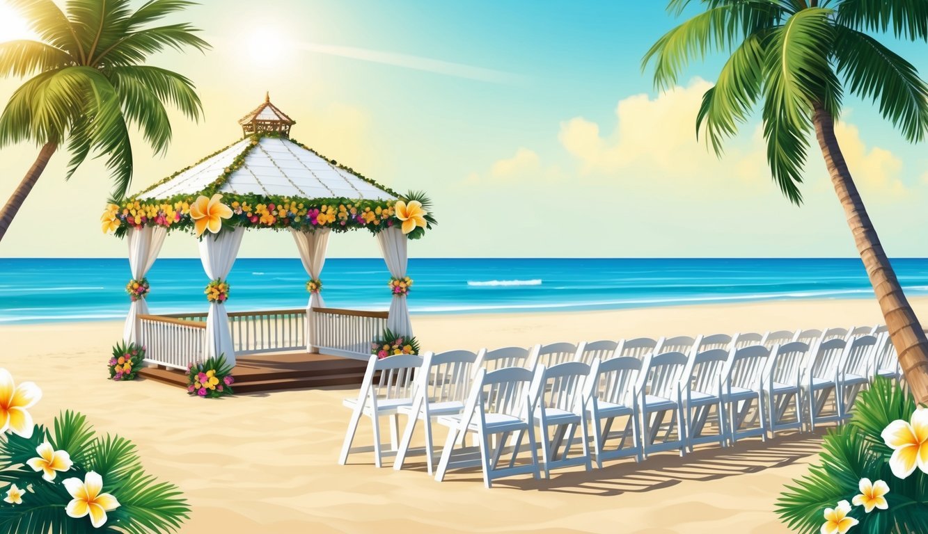 A sunny beach with a decorated gazebo, surrounded by palm trees and tropical flowers.</p><p>A gentle breeze blows as white chairs are arranged in neat rows facing the ocean