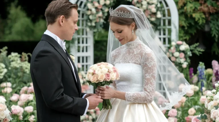 Bride and groom at outdoor wedding, holding hands, bride with bouquet and veil