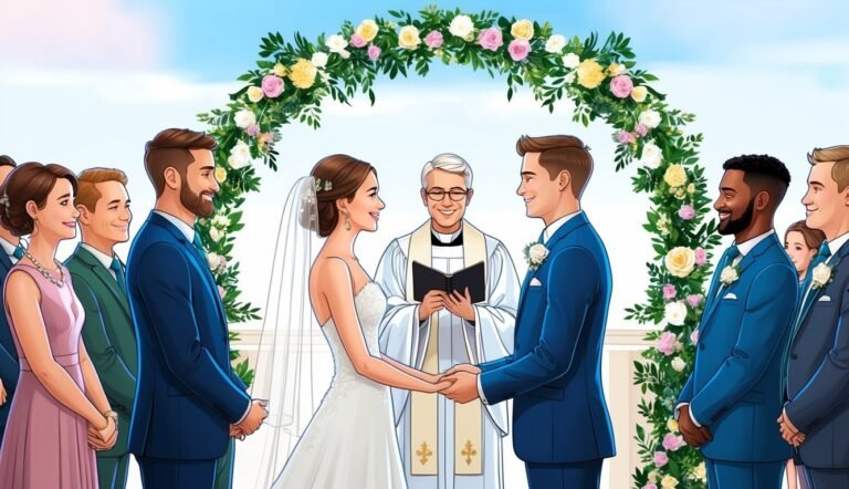 Wedding ceremony with bride, groom, officiant, and wedding party under floral arch