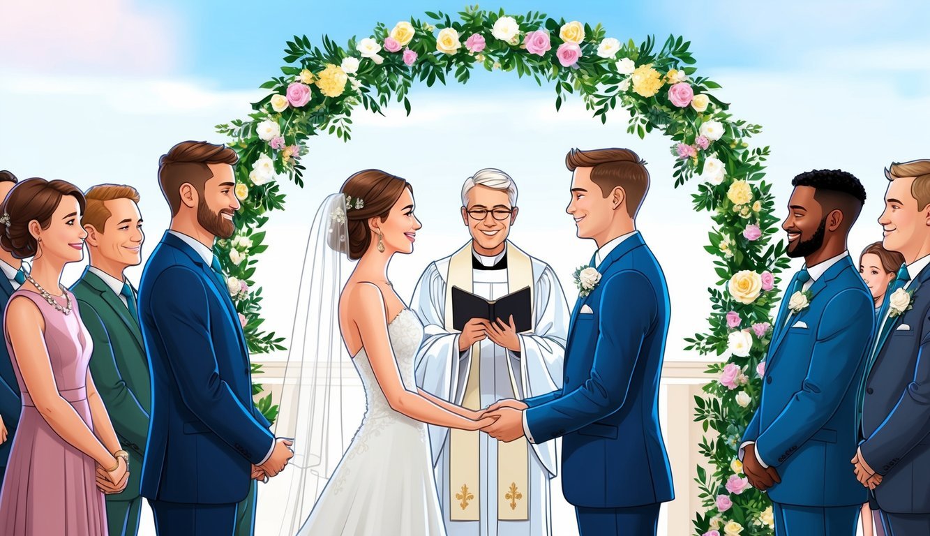 A bride and groom exchanging vows under a floral arch, surrounded by family and friends.</p><p>A pastor officiates the ceremony as the couple stands facing each other