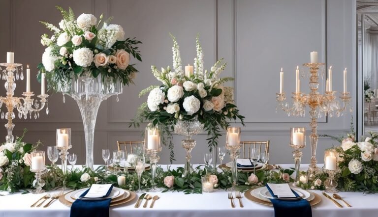 Elegant table setting with floral centerpieces, candles, and place settings