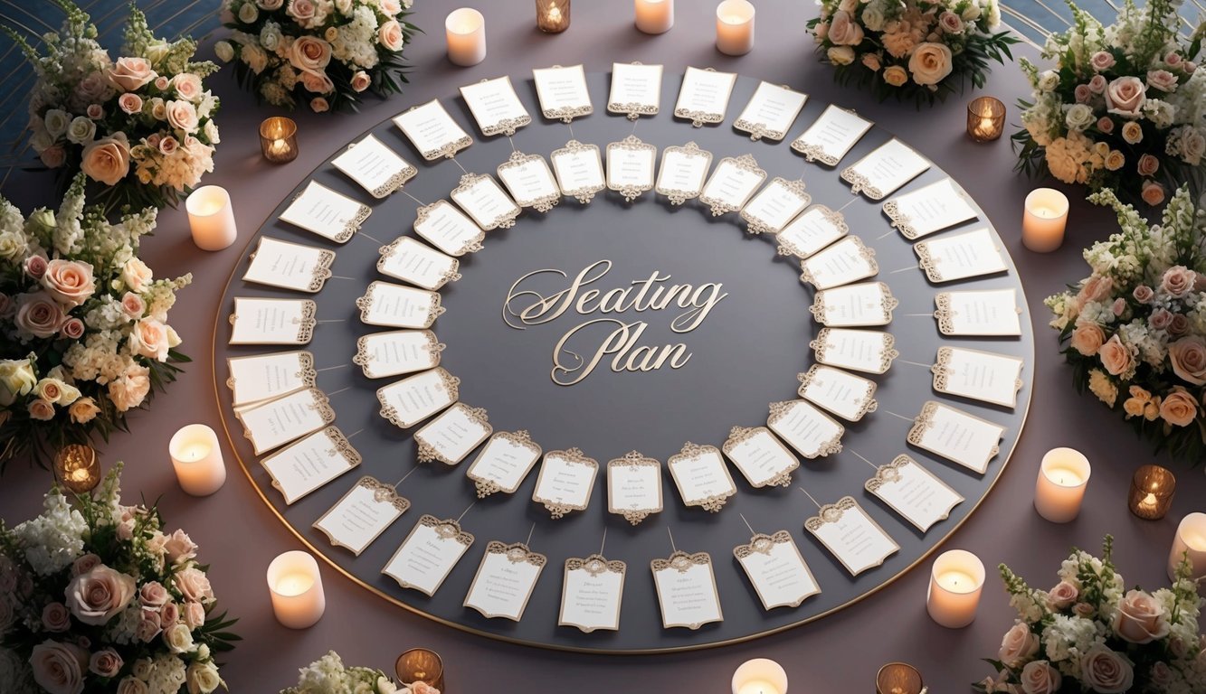 A circular seating plan with ornate place cards on a grand table, surrounded by elegant floral arrangements and soft candlelight