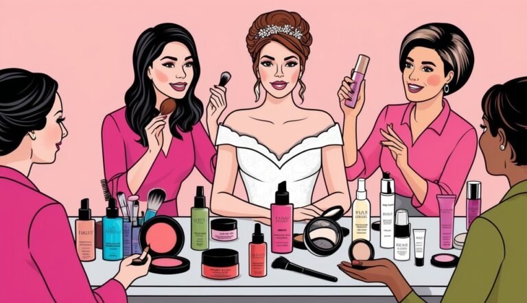 Bride and makeup artists with cosmetics on a table