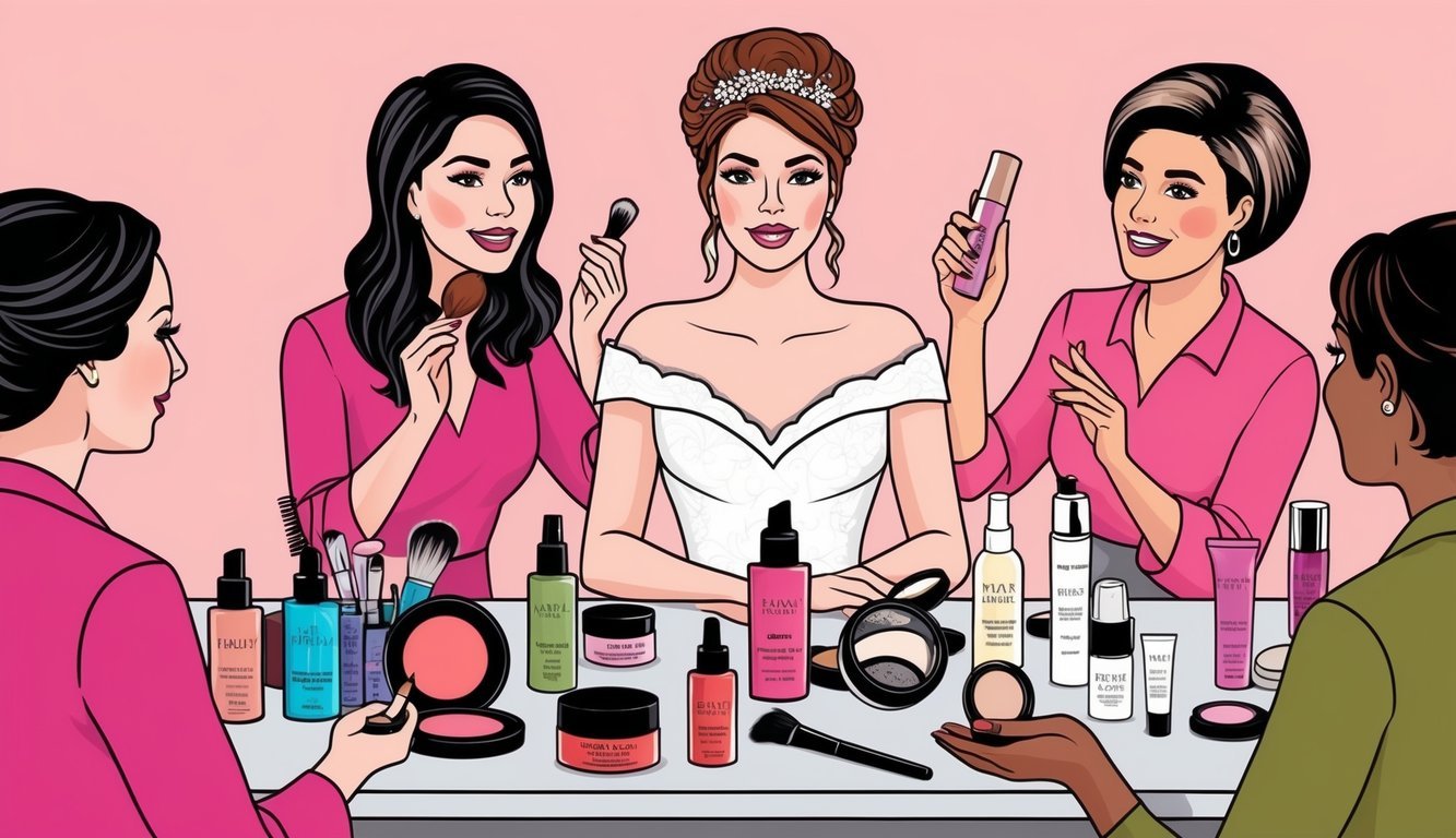 A bride surrounded by makeup, hair products, and skincare items, receiving beauty tips from a stylist