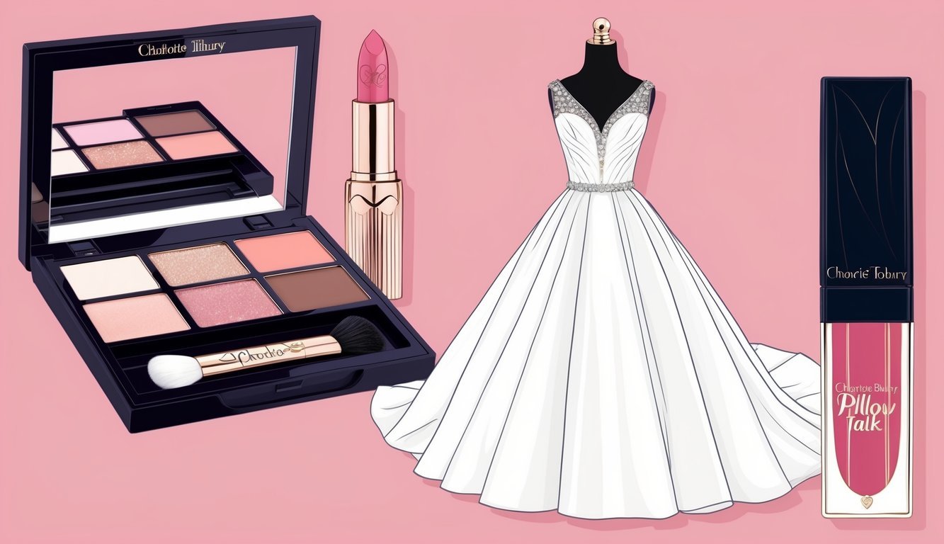 A wedding dress and makeup kit with a Charlotte Tilbury Pillow Talk Lipstick