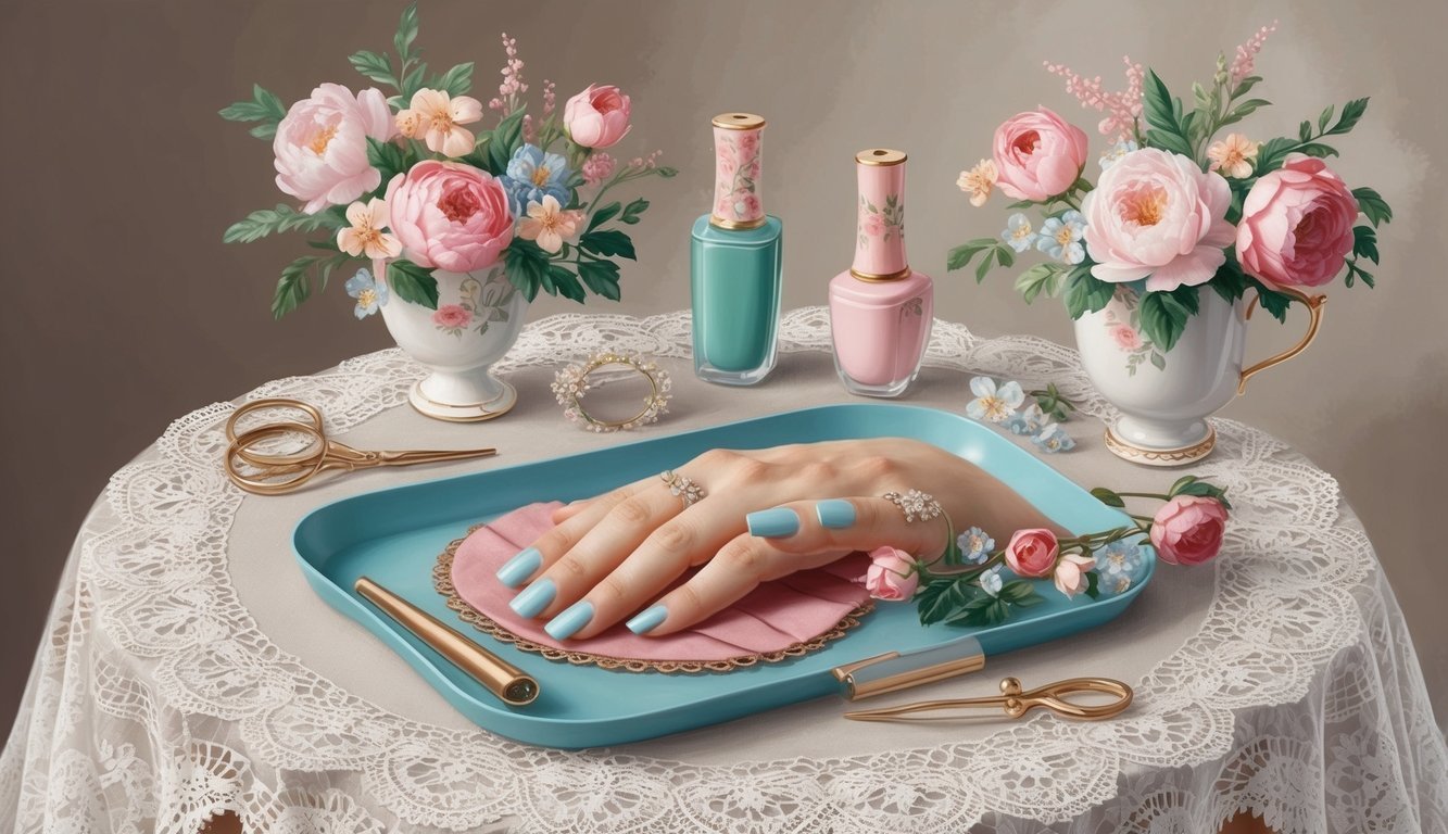 A vintage-inspired manicure set on a lace tablecloth with delicate floral accents and a soft, romantic color palette