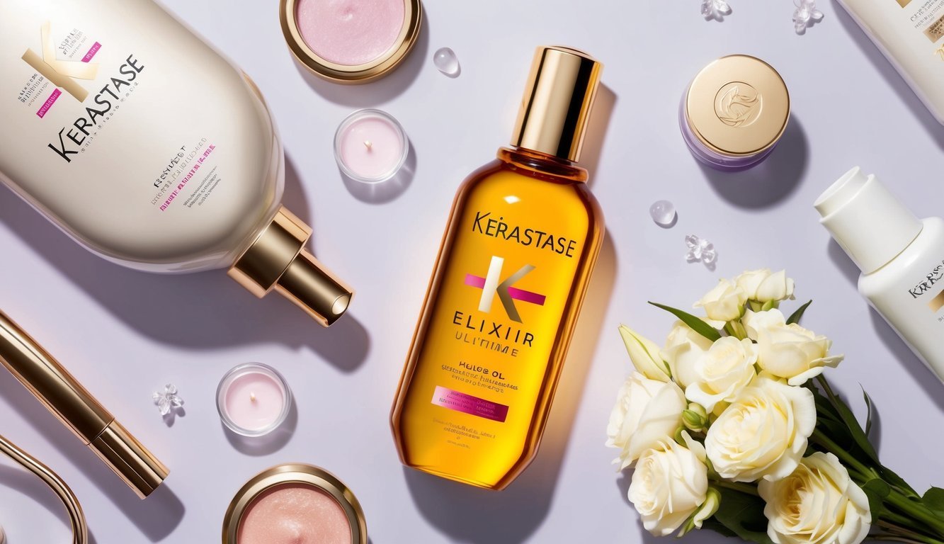 A luxurious bottle of Kérastase Elixir Ultime Hair Oil surrounded by elegant wedding beauty accessories and products