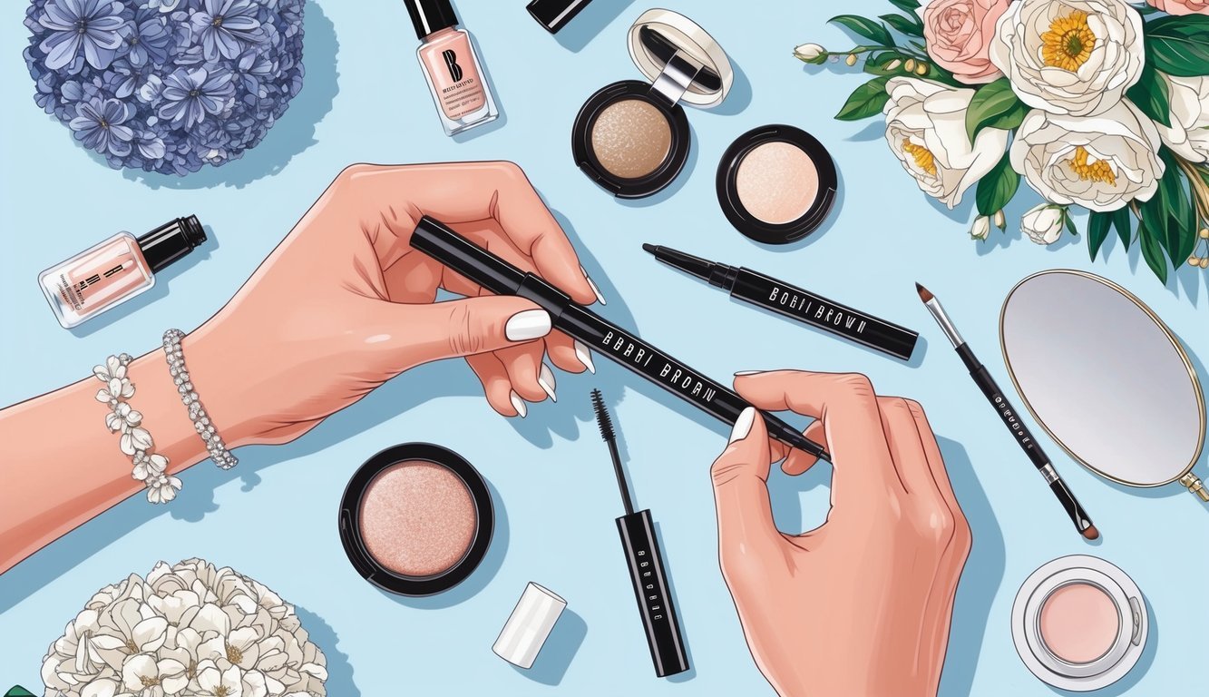 A bride's hand holding a Bobbi Brown Long-Wear Gel Eyeliner, surrounded by wedding beauty products and a mirror