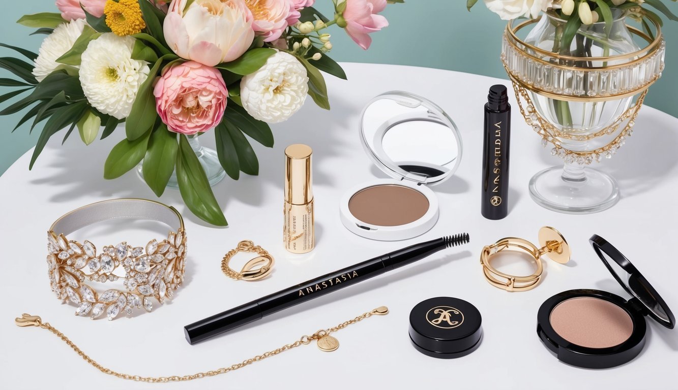 A bride's makeup table with Anastasia Beverly Hills Brow Wiz, surrounded by flowers, jewelry, and other beauty products